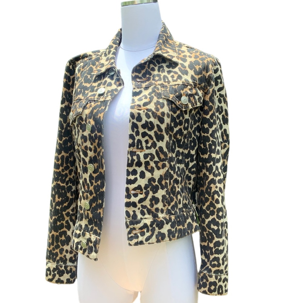 GANNI LEOPARD print denim jacket with side ZIPPERS. SZ 34. Excellent condition.
